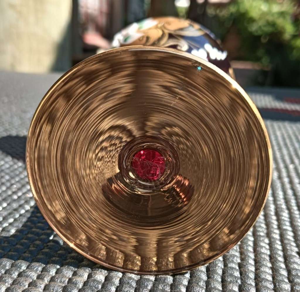 Dazzling set of 6 Bohemian (Czech) Chrystal Tre Fuochi Glasses Hand Painted Enamel Flowers Gold Le