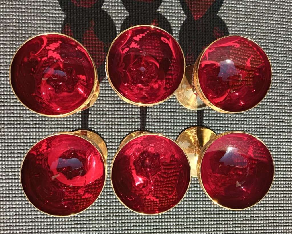 Dazzling set of 6 Bohemian (Czech) Chrystal Tre Fuochi Glasses Hand Painted Enamel Flowers Gold Le