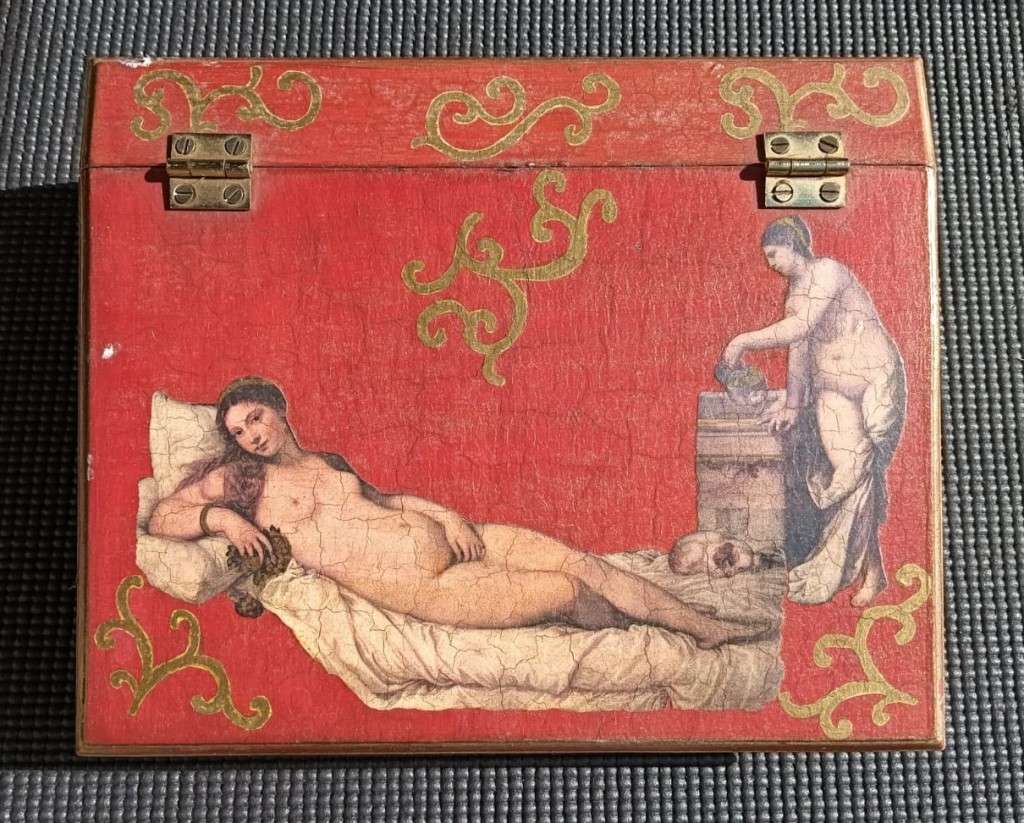 Vintage Venus of Urbino by Titian Hinged School Desk Shaped Wooden Trinket Box
