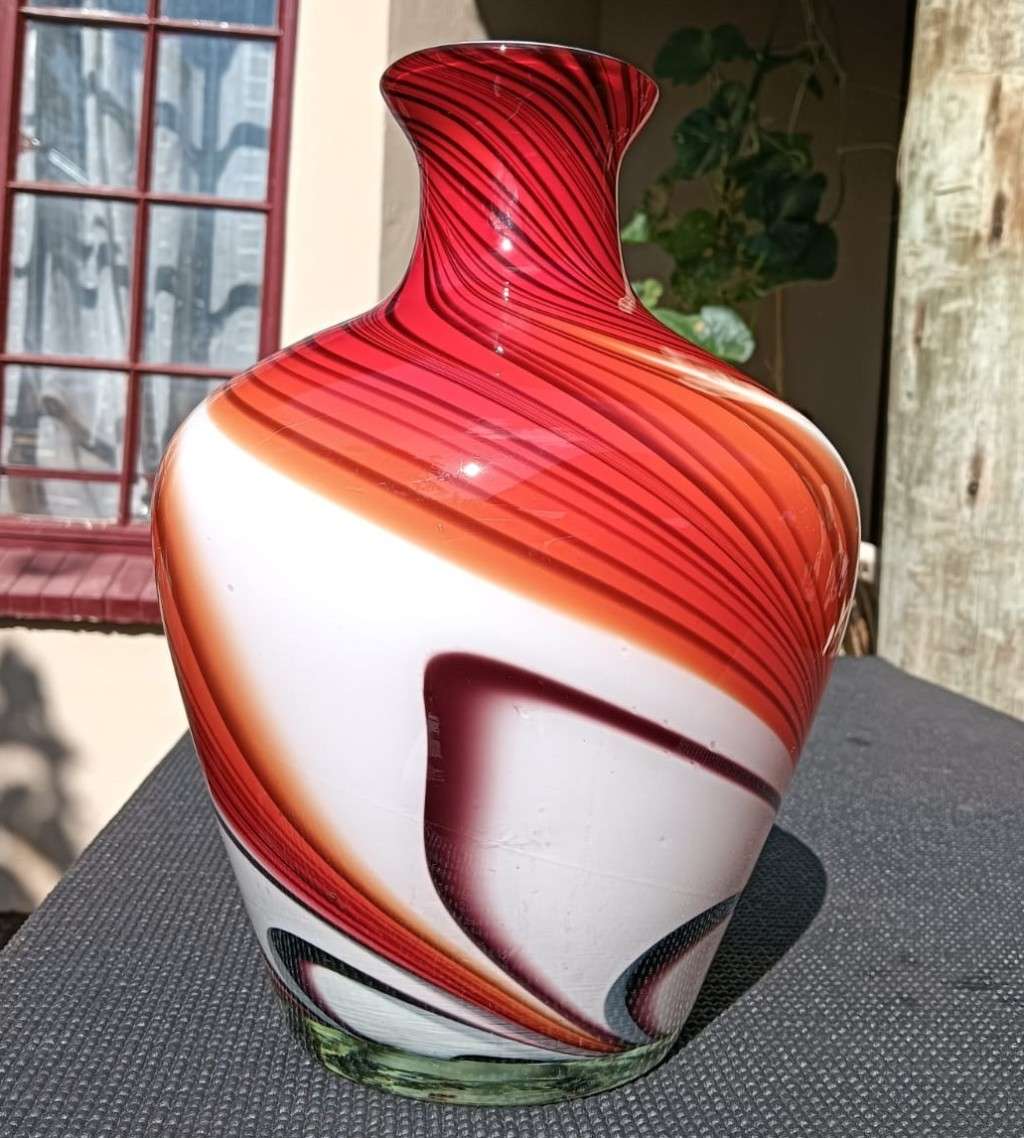 Mesmorising Swirling Art Glass Vase in Murano Sommerso Layered Chalcedony Coloured Style