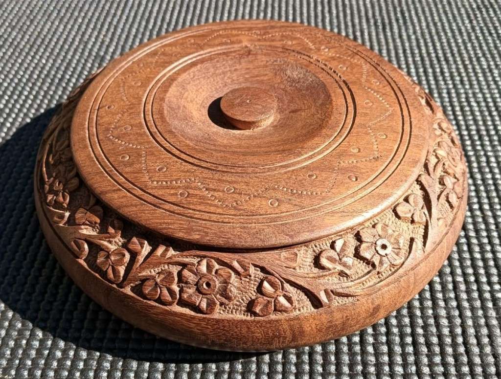 Hand Carved Round Wooden Trinket Box With Lid