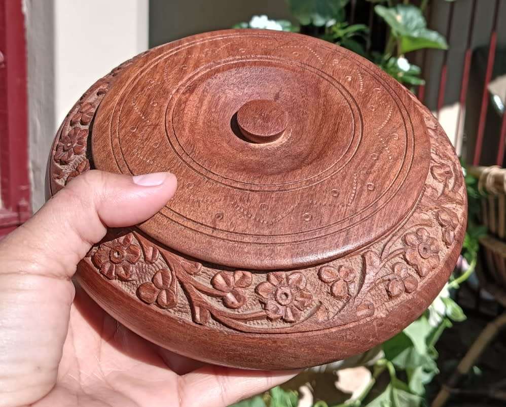 Hand Carved Round Wooden Trinket Box With Lid