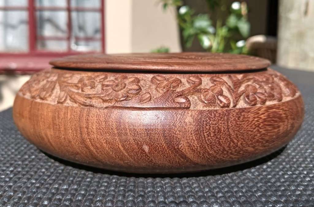 Hand Carved Round Wooden Trinket Box With Lid