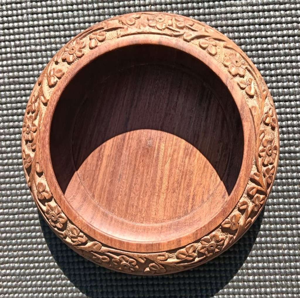 Hand Carved Round Wooden Trinket Box With Lid