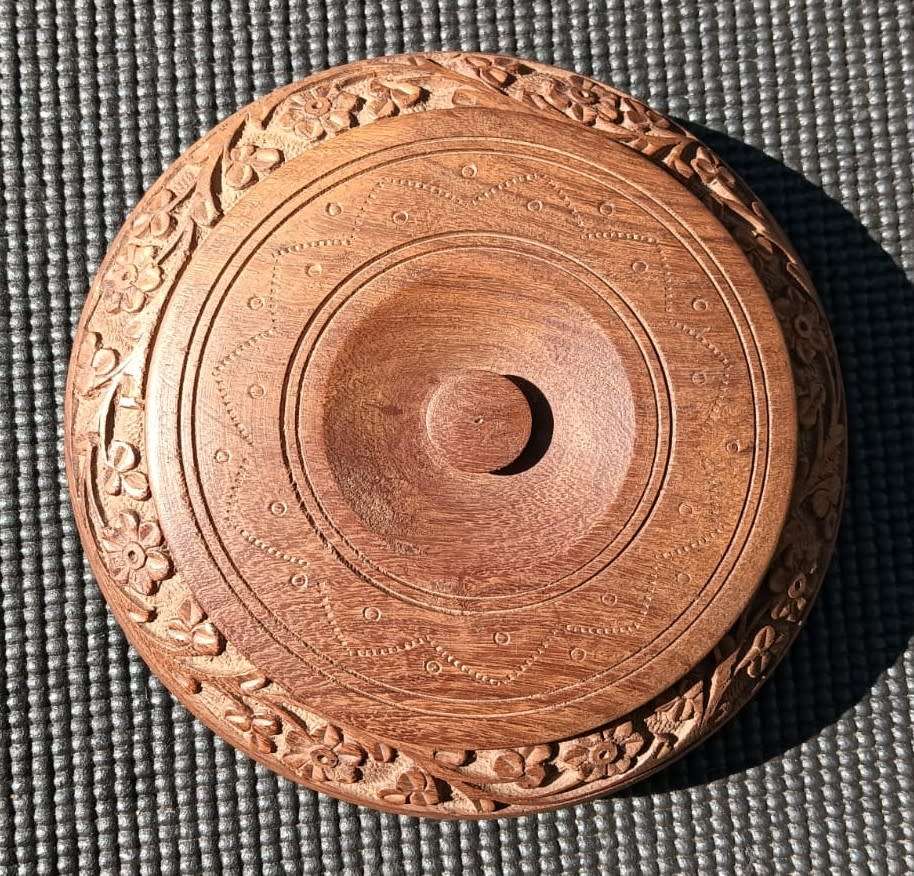 Hand Carved Round Wooden Trinket Box With Lid