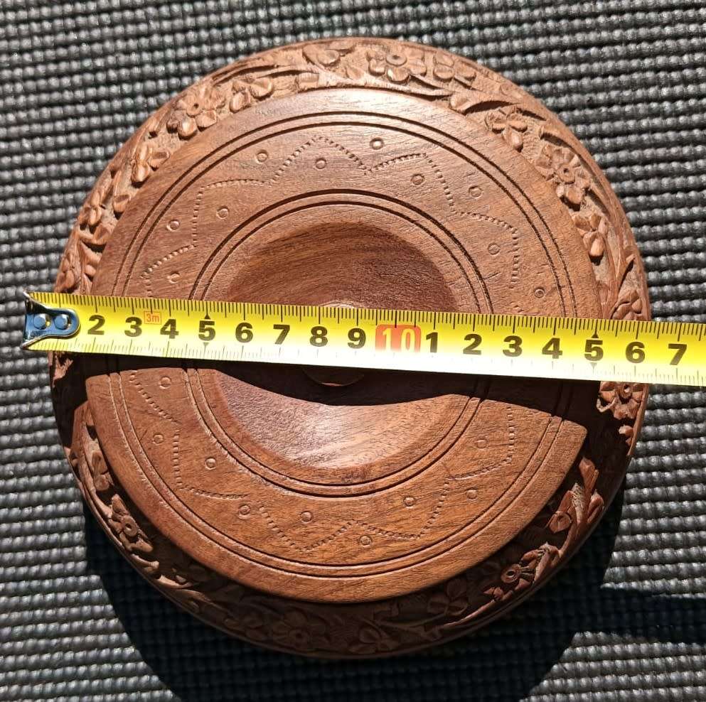 Hand Carved Round Wooden Trinket Box With Lid