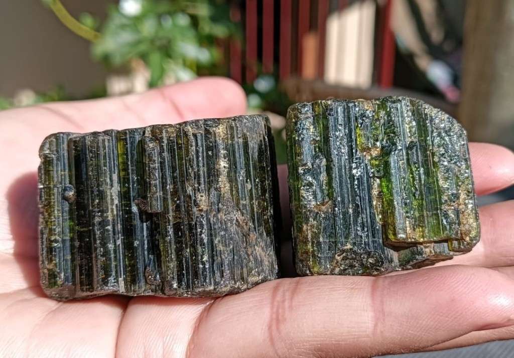 TWO BEAUTIFUL DARK GREEN (AKA BRAZILIAN EMERALD) TO BLACK (SCHORL) TOURMALINE ROUGH ROCK SAMPLES