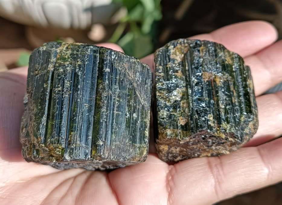 TWO BEAUTIFUL DARK GREEN (AKA BRAZILIAN EMERALD) TO BLACK (SCHORL) TOURMALINE ROUGH ROCK SAMPLES