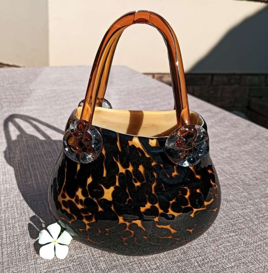 Stylish Leopard Spot Italian Empoli Amber Art Glass Fashion Handbag with Twin Handles