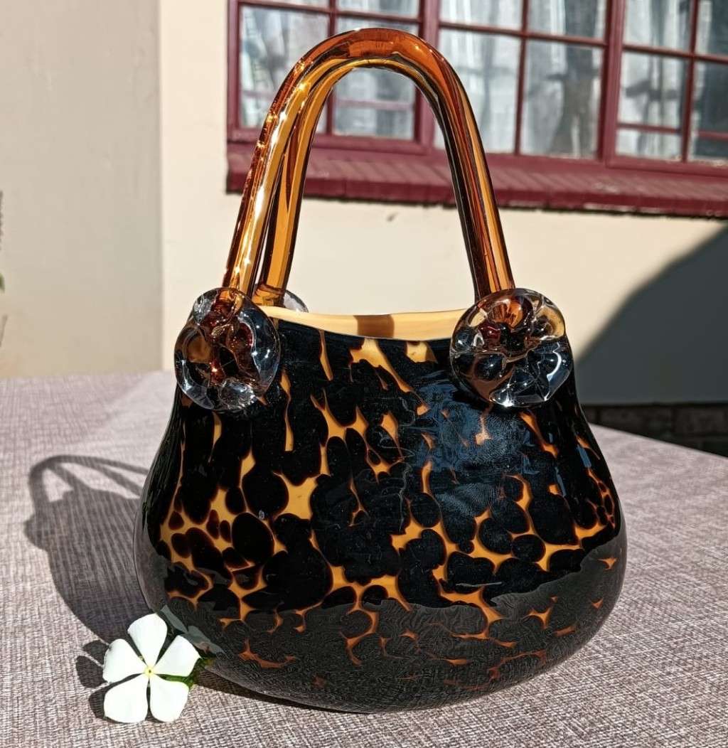 Stylish Leopard Spot Italian Empoli Amber Art Glass Fashion Handbag with Twin Handles