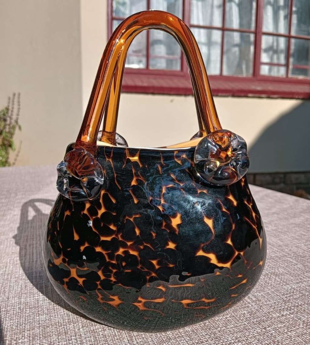 Stylish Leopard Spot Italian Empoli Amber Art Glass Fashion Handbag with Twin Handles