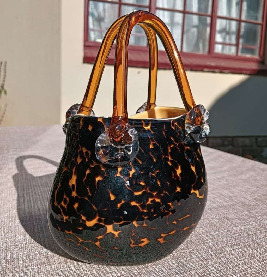 Stylish Leopard Spot Italian Empoli Amber Art Glass Fashion Handbag with Twin Handles