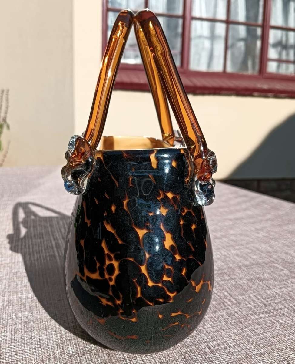 Stylish Leopard Spot Italian Empoli Amber Art Glass Fashion Handbag with Twin Handles