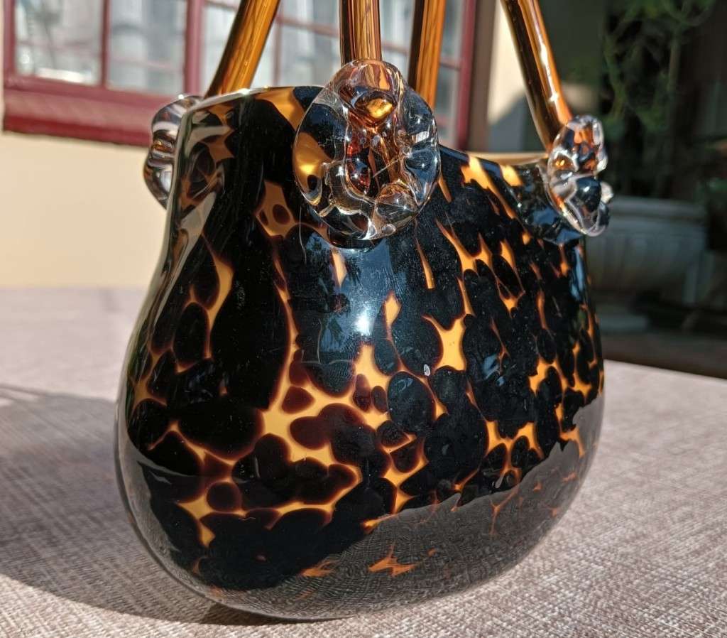 Stylish Leopard Spot Italian Empoli Amber Art Glass Fashion Handbag with Twin Handles