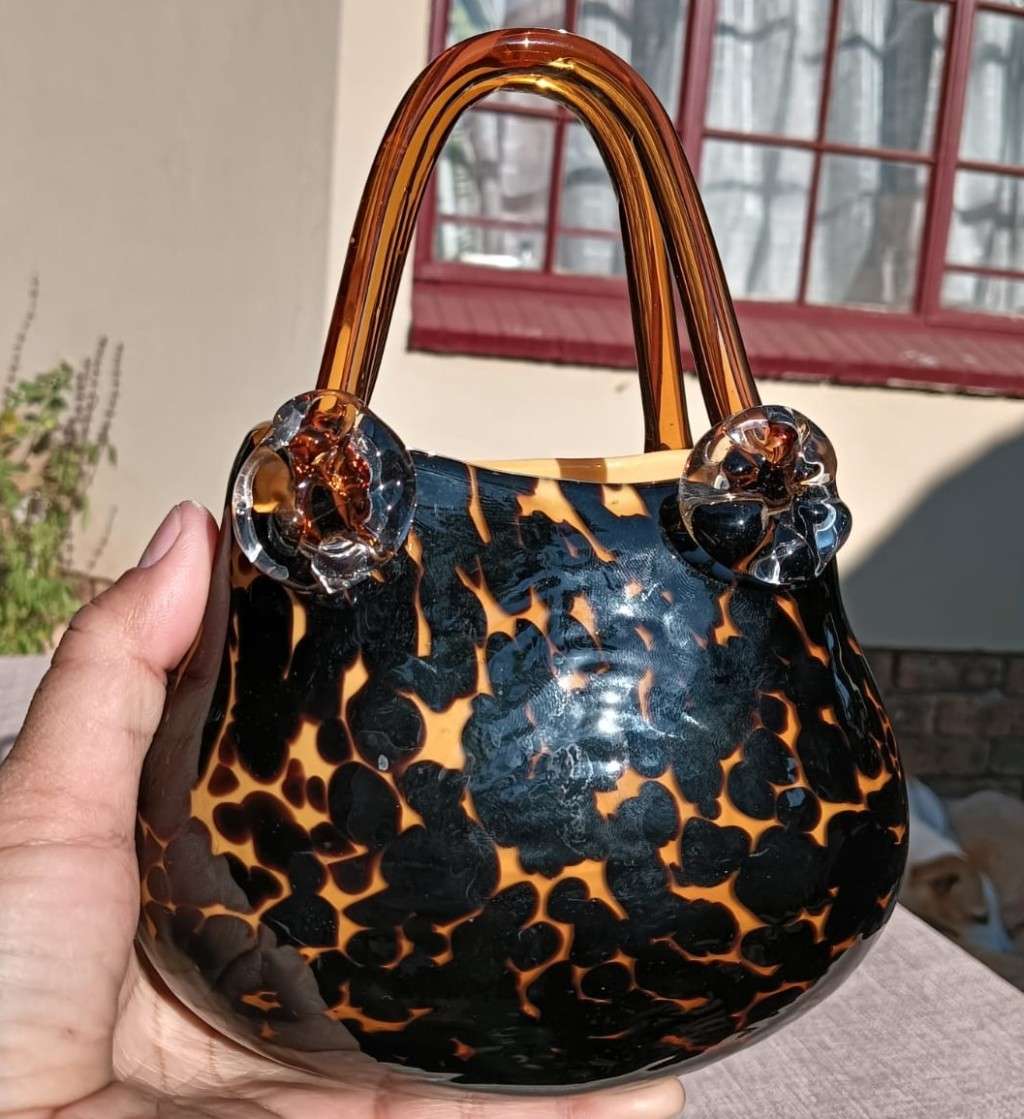 Stylish Leopard Spot Italian Empoli Amber Art Glass Fashion Handbag with Twin Handles