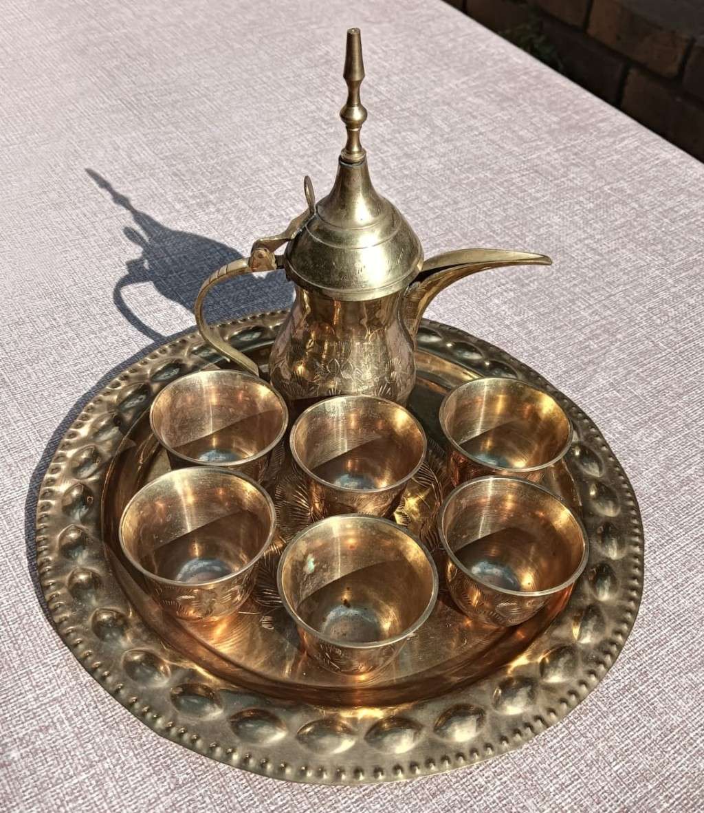 Arabic Style Brass Dalah Coffee Pot Set with 6 Cups and Serving Tray Made in India
