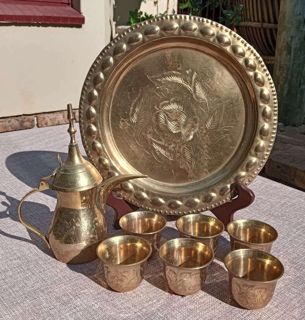 Arabic Style Brass Dalah Coffee Pot Set with 6 Cups and Serving Tray Made in India