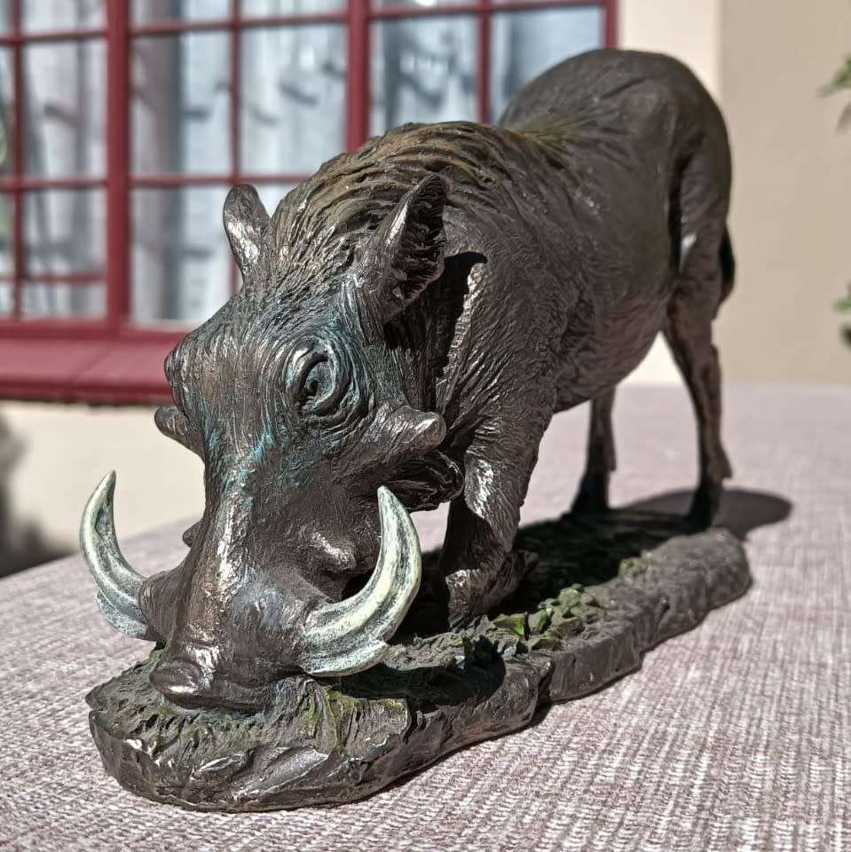 Kneeling Cold Cast Bronze African Warthog Sculpture 19cm Long by Zawadi Knysna South Africa