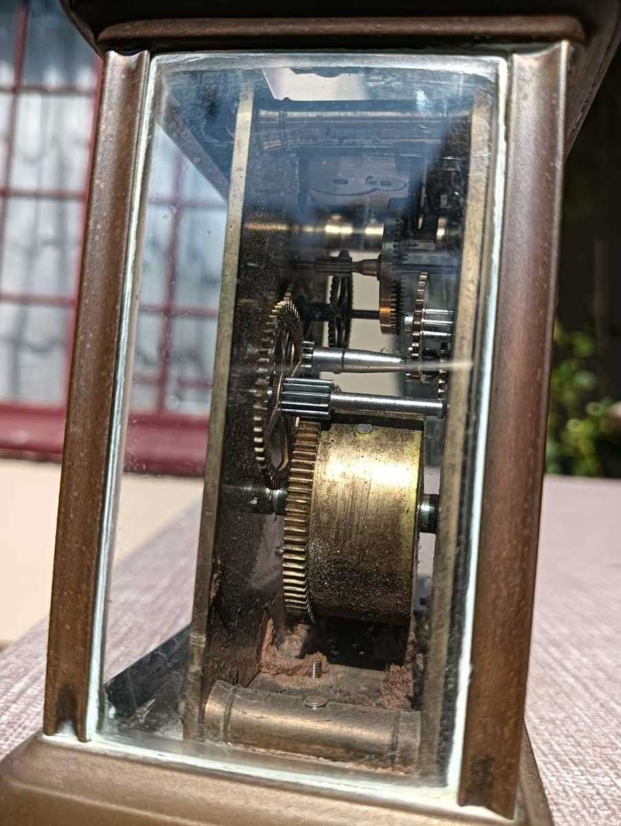 Rare Antique Late 19th Century French Brass Corniche Case Carriage Officers Clock  WITH KEY