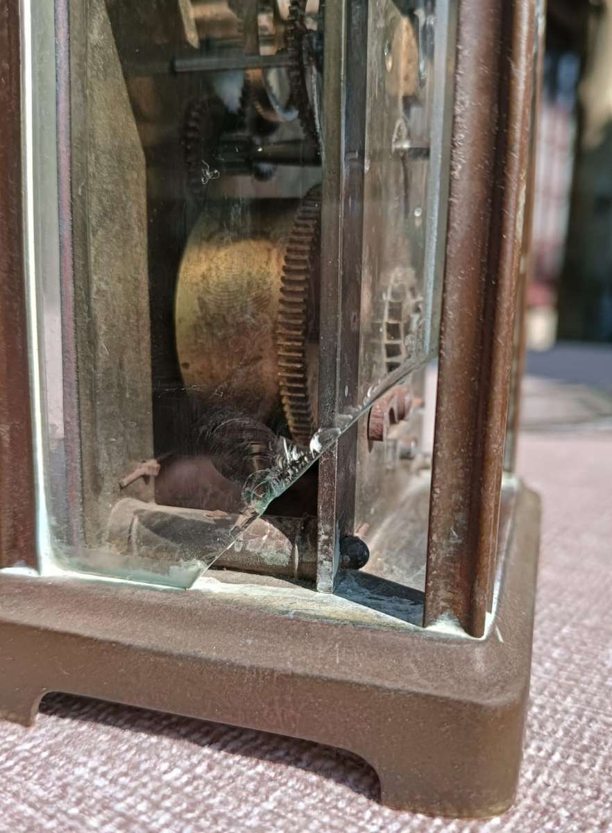 Rare Antique Late 19th Century French Brass Corniche Case Carriage Officers Clock  WITH KEY