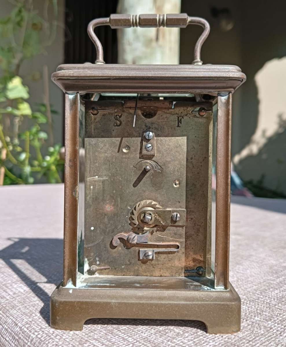 Rare Antique Late 19th Century French Brass Corniche Case Carriage Officers Clock  WITH KEY