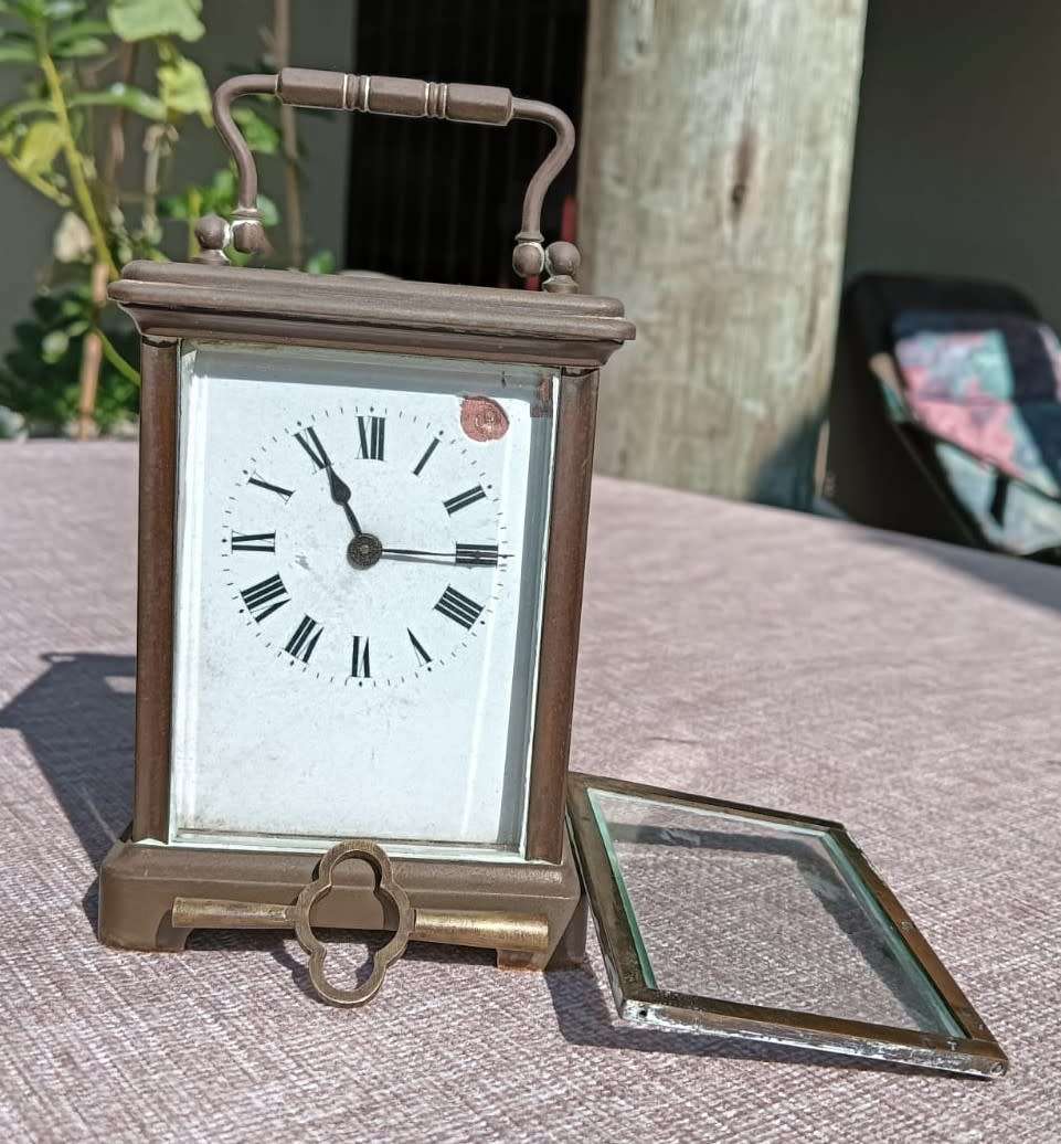 Rare Antique Late 19th Century French Brass Corniche Case Carriage Officers Clock  WITH KEY