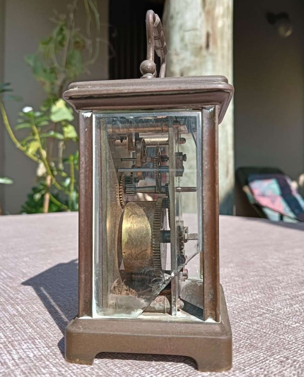 Rare Antique Late 19th Century French Brass Corniche Case Carriage Officers Clock  WITH KEY