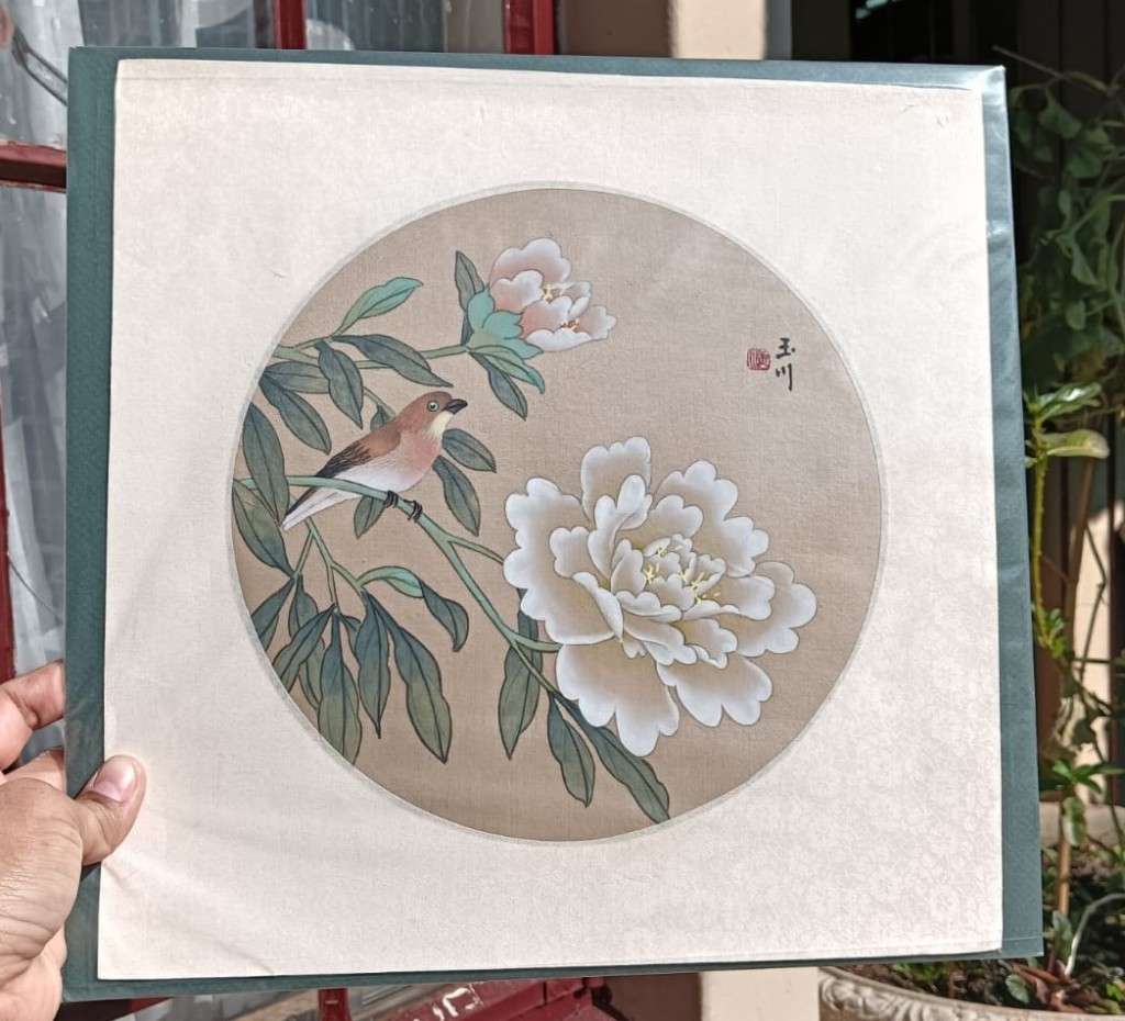 Chinese Watercolour on Silk Painting of Sparrow and Peonie Flowering Branch Artist Signed