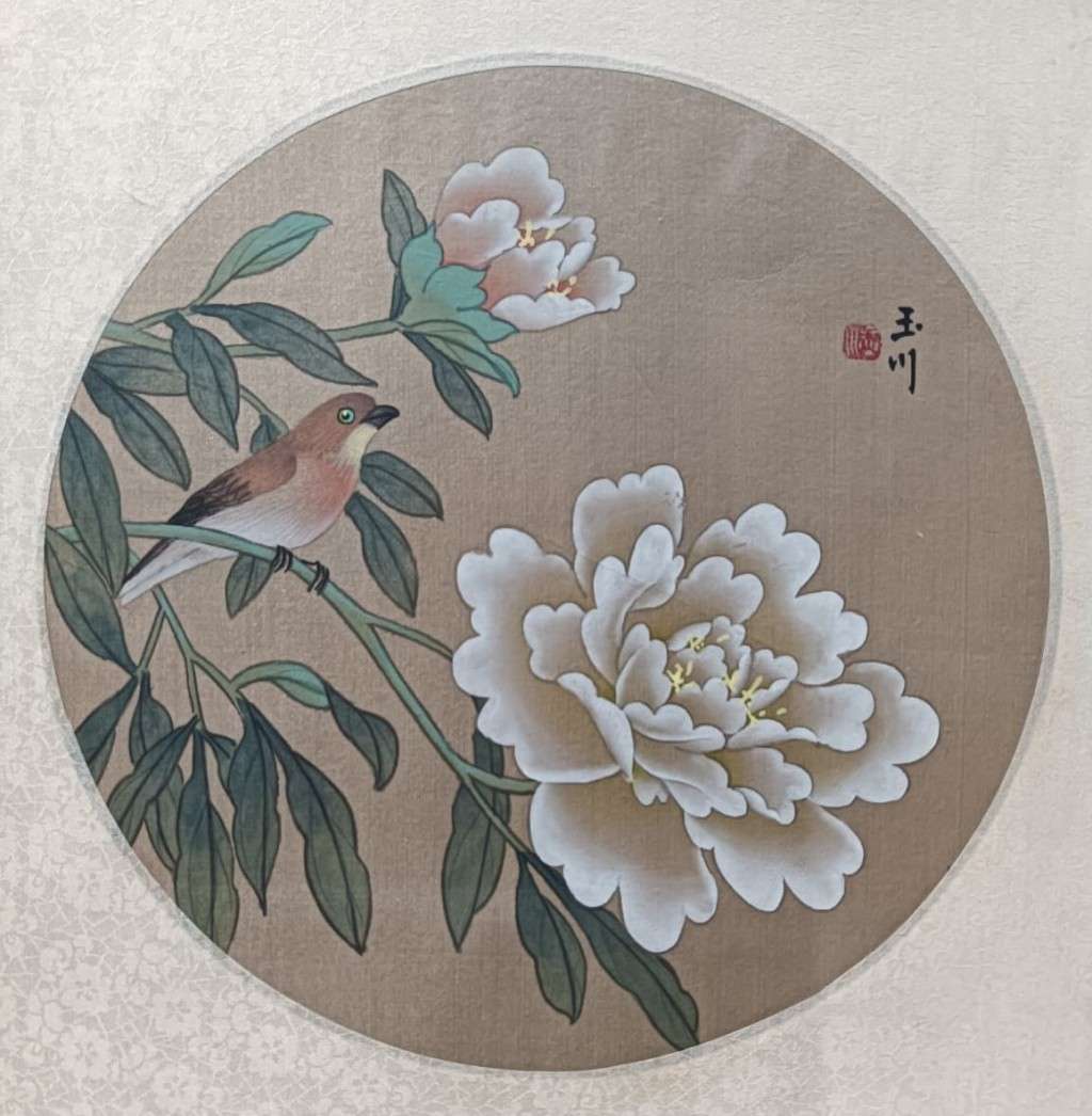 Chinese Watercolour on Silk Painting of Sparrow and Peonie Flowering Branch Artist Signed