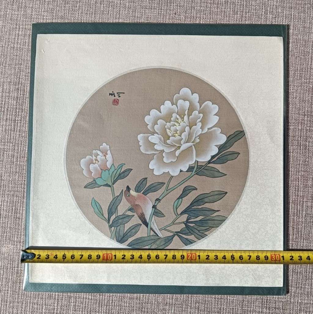 Chinese Watercolour on Silk Painting of Sparrow and Peonie Flowering Branch Artist Signed
