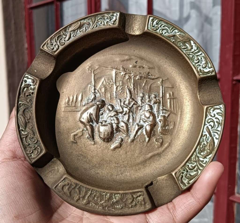 Brass Bowl with Engraved Dragon Motive plus Brass Ashtray with Embossed Relief Barscene