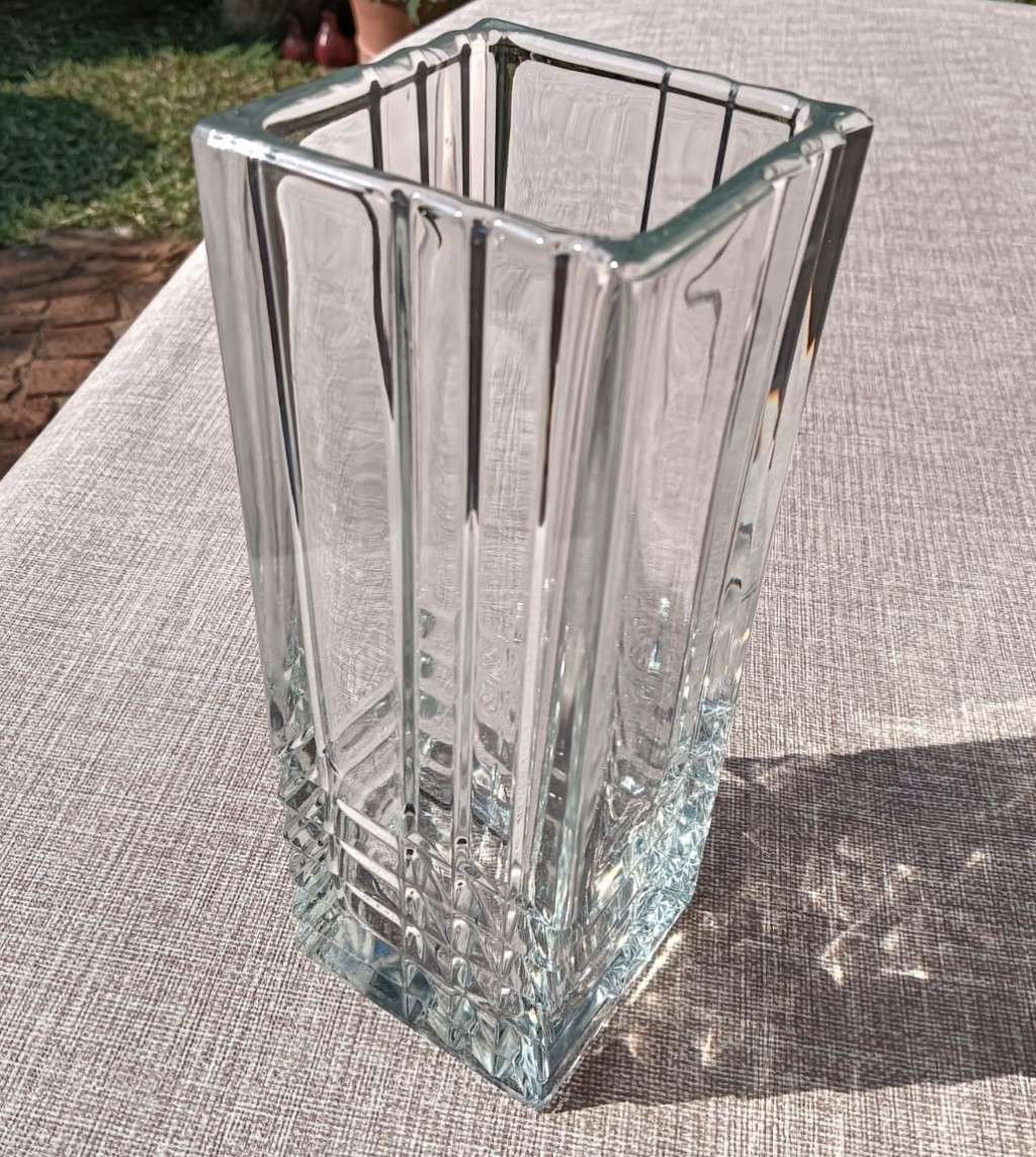 Italian Bormioli Rocco Quadro Cut Chrystal Glass Vase with Geometric Patterns