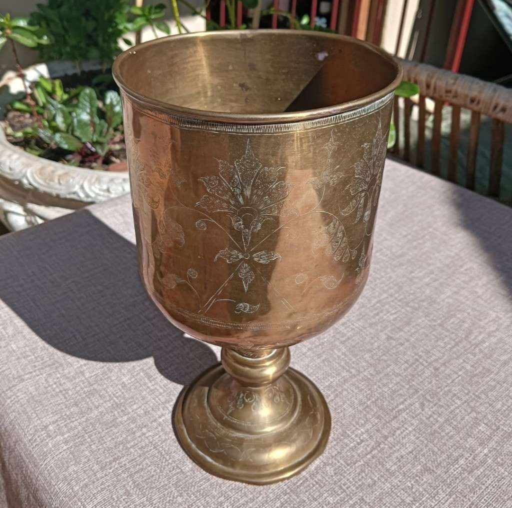 Beautifully Floral Engraved Brass Stemmed Goblet Shaped Vase Large 27cm High