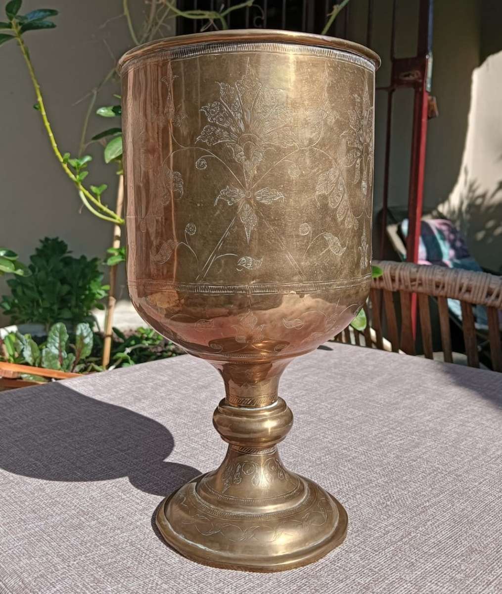 Beautifully Floral Engraved Brass Stemmed Goblet Shaped Vase Large 27cm High