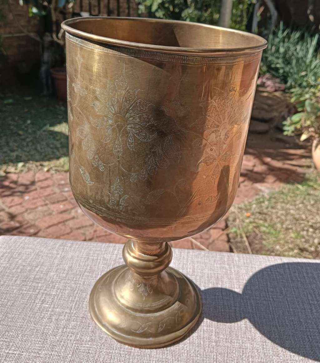 Beautifully Floral Engraved Brass Stemmed Goblet Shaped Vase Large 27cm High