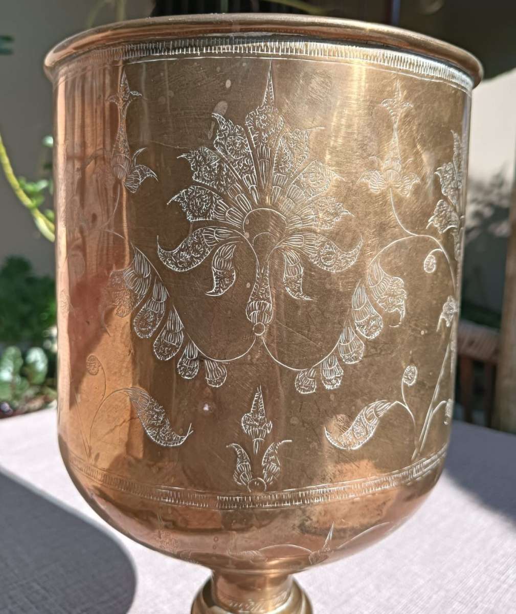 Beautifully Floral Engraved Brass Stemmed Goblet Shaped Vase Large 27cm High