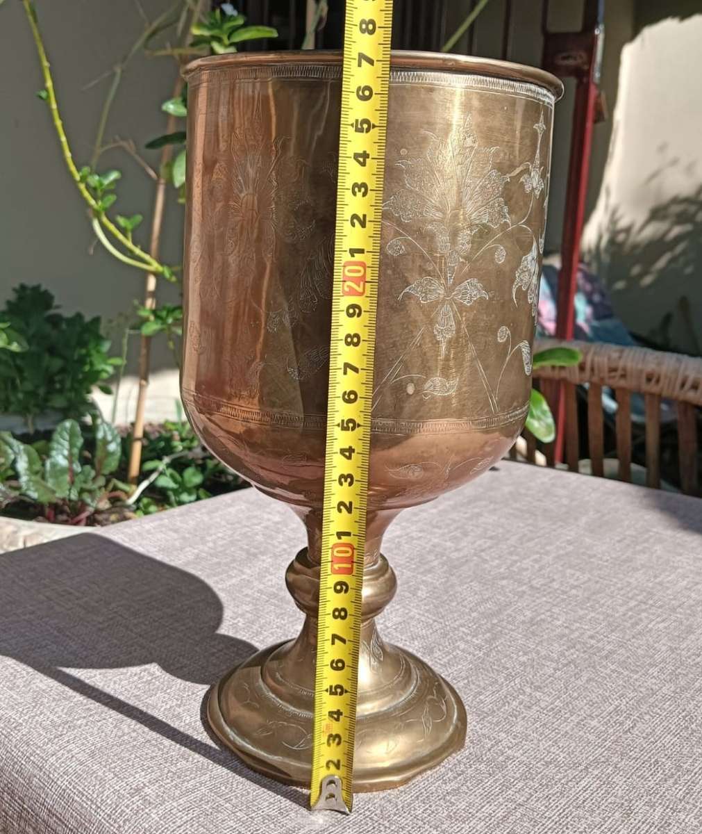 Beautifully Floral Engraved Brass Stemmed Goblet Shaped Vase Large 27cm High