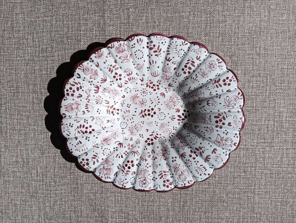Striking Hand Crafted Maroon Floral Display Plate with Flower Shaped Scalloped Rim