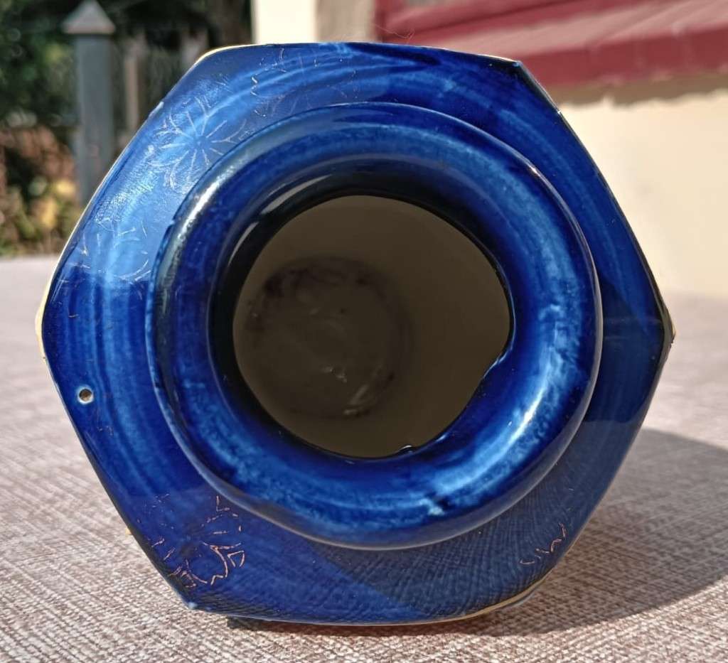 Vintage Japanese Moriage (Raised Enamel) Goddess Kannon Hexagonal (6-Sided) Shaped Vase