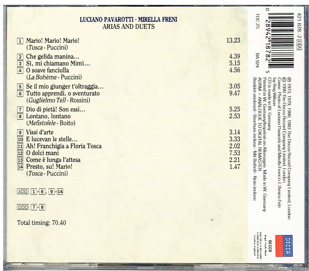 Luciano Pavarotti and Mirella Freni - Arias and Duets (Tosca, La Boheme etc.) CD