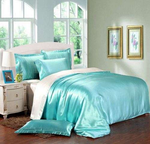 SATIN DUVET SET - 4 PIECE - BLUE AND WHITE - MASSIVE DISCOUNT