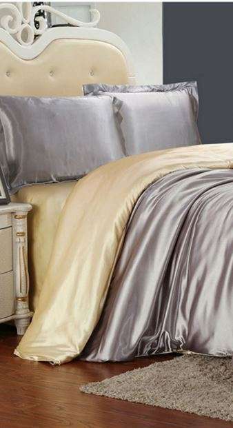 SATIN DUVET SET SILK FLOSS. SUPER KING - 4 PIECE - SILVER AND CAMEL - MASSIVE DISCOUNT