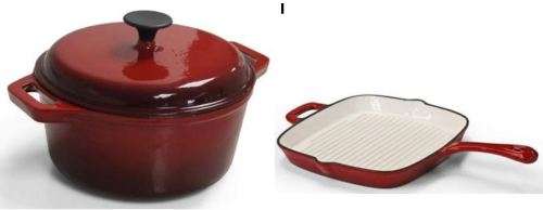 COMBO SALE Cast Iron Cookware Set - Casserole Pot Medium Red and A Skillet Pan Square Red  Home