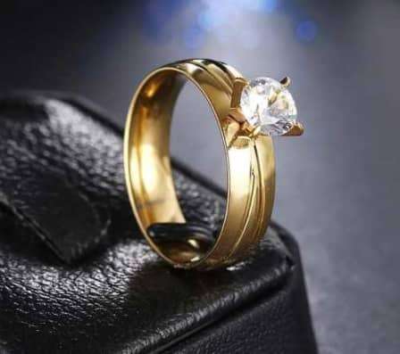 Gold Solitaire Band Ring with Simulated Diamond