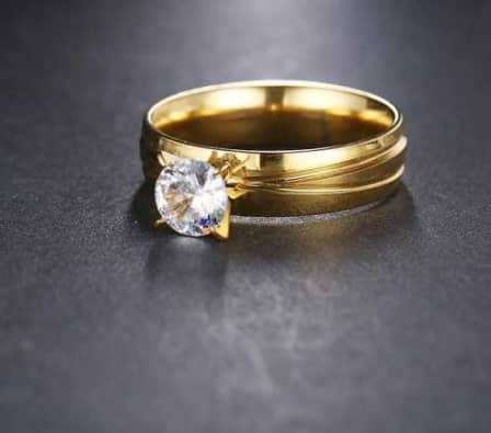 Gold Solitaire Band Ring with Simulated Diamond