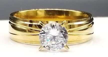 Gold Solitaire Band Ring with Simulated Diamond