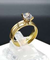 Gold Solitaire Band Ring with Simulated Diamond