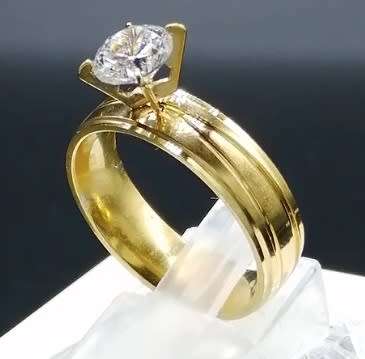 Gold Solitaire Band Ring with Simulated Diamond