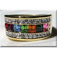 ELEGANT CZ DIAMONDS& MULTI GEMSTONES SET IN 18K YELLOW GOLD GP size 6