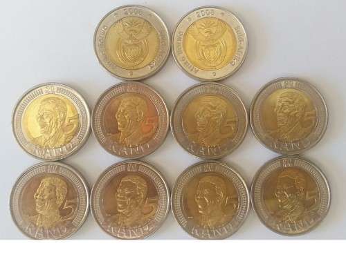 10 x 2008 Mandela 5 Rand coins UNC * HIGH GRADE * Bid per coin to take all.